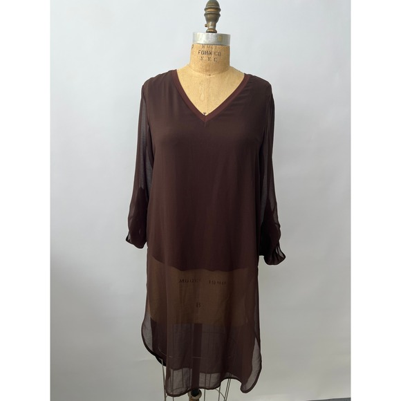 Alberto Makali Tops - Alberto Makali New York Brown Sheer V-Neck High Low Tunic Roll Tab Sleeve Top
